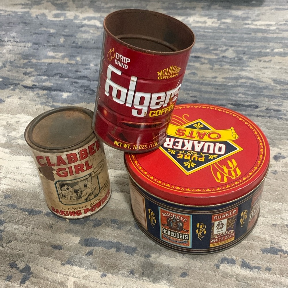 Vintage Clabber Girl, Folgers, and Quaker Oats tins